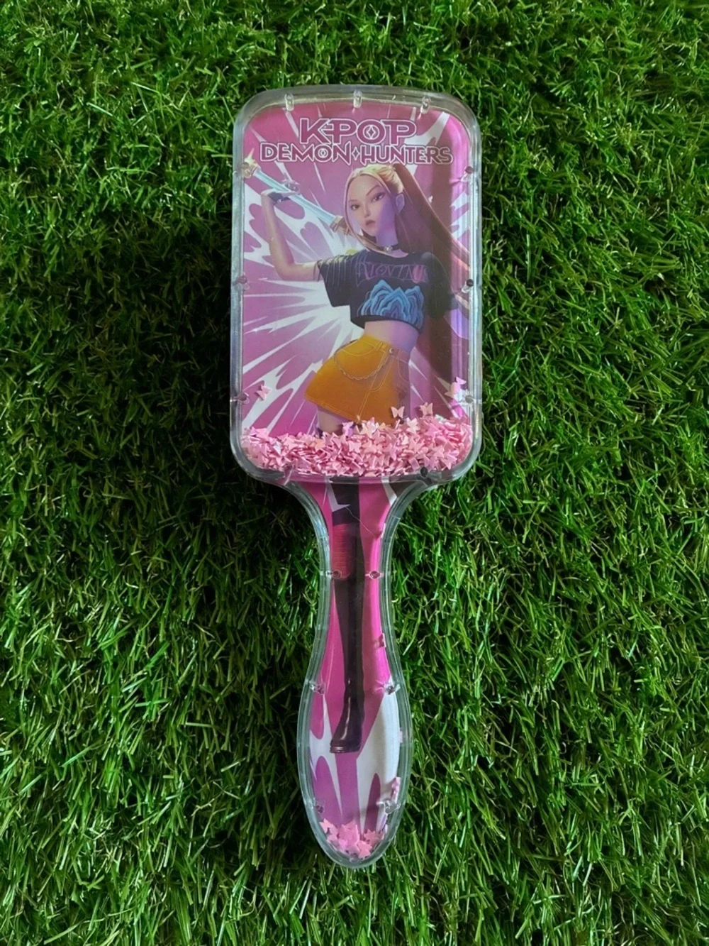 KPOP Demon Hunters Pink Glitter Paddle Brush + Pink K-pop Hair Clip
